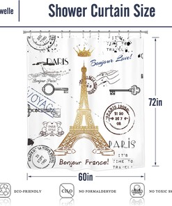 Eiffel Tower Theme Shower Curtain For Bathroom With Golden Lettering European France Crown Post Card Retro