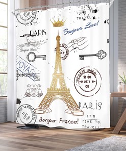 Eiffel Tower Theme Shower Curtain For Bathroom With Golden Lettering European France Crown Post Card Retro