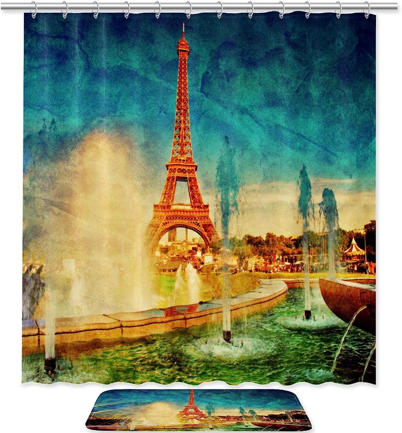 Eiffel Tower View Vintage Shower Curtain for European City Inspired Bathroom Decor