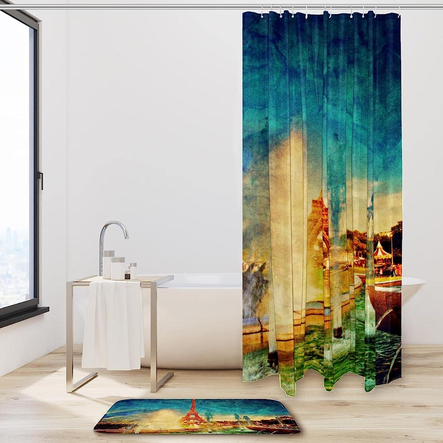 Eiffel Tower View Vintage Shower Curtain for European City Inspired Bathroom Decor