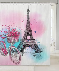 Eiffel Tower Vintage Ballerina Rose Flowers Shower Curtain, Blue Pink Hand Drawn Sketch Bathroom Decor -