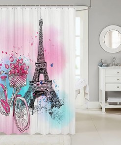 Eiffel Tower Vintage Ballerina Rose Flowers Shower Curtain, Blue Pink Hand Drawn Sketch Bathroom Decor -