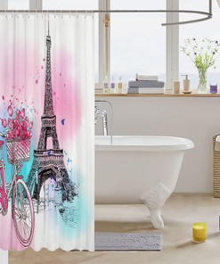 Eiffel Tower Vintage Ballerina Rose Flowers Shower Curtain, Blue Pink Hand Drawn Sketch Bathroom Decor -