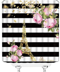 Eiffel Tower Vintage Bathroom Shower Curtain With Paris Floral Design