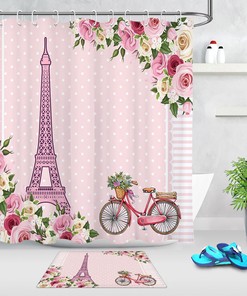 Eiffel Tower Watercolor Spring Flowers Bicycle Shower Curtain for Bathroom