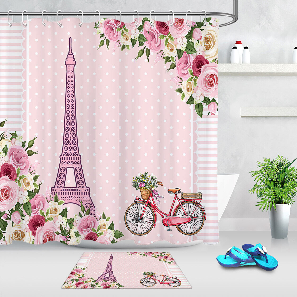 Eiffel Tower Watercolor Spring Flowers Bicycle Shower Curtain for Bathroom