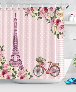 Eiffel Tower Watercolor Spring Flowers Bicycle Shower Curtain for Bathroom
