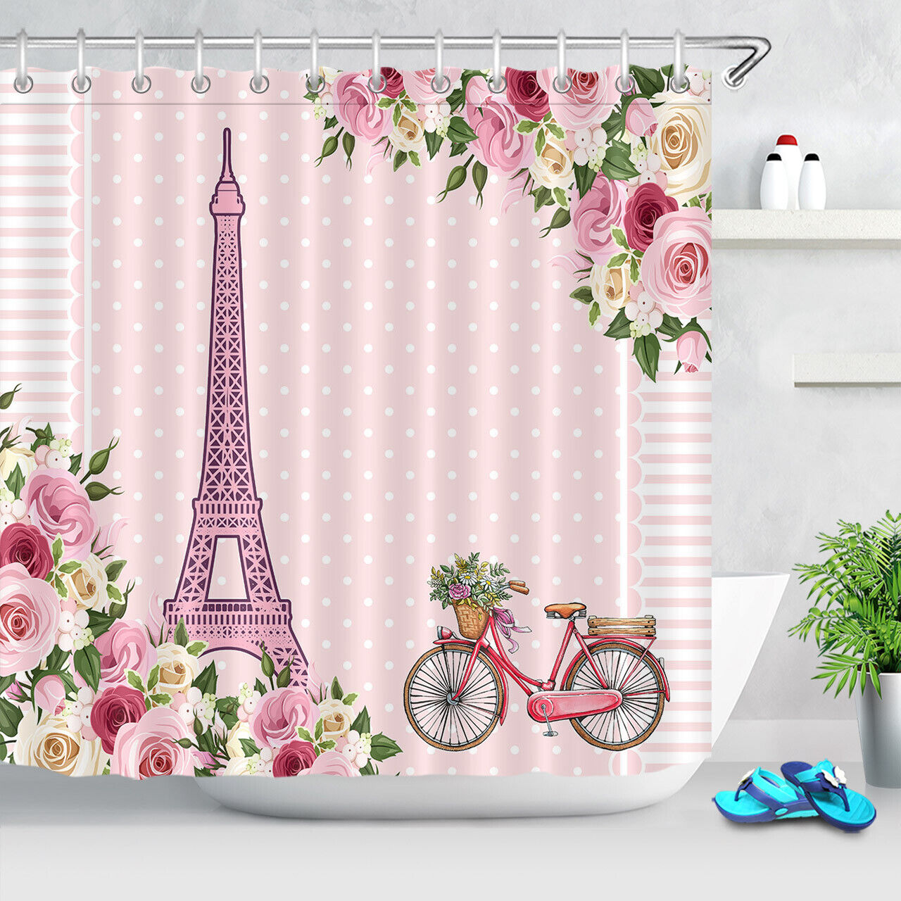 Eiffel Tower Watercolor Spring Flowers Bicycle Shower Curtain for Bathroom