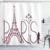 Eiffel Tower With Paris Lettering Couple Trip Flowers Floral Design Print Shower Curtain For Bathroom Decor In Pink Plum