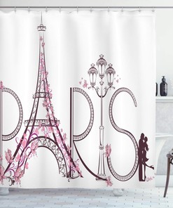 Eiffel Tower With Paris Lettering Couple Trip Flowers Floral Design Print Shower Curtain For Bathroom Decor In Pink Plum