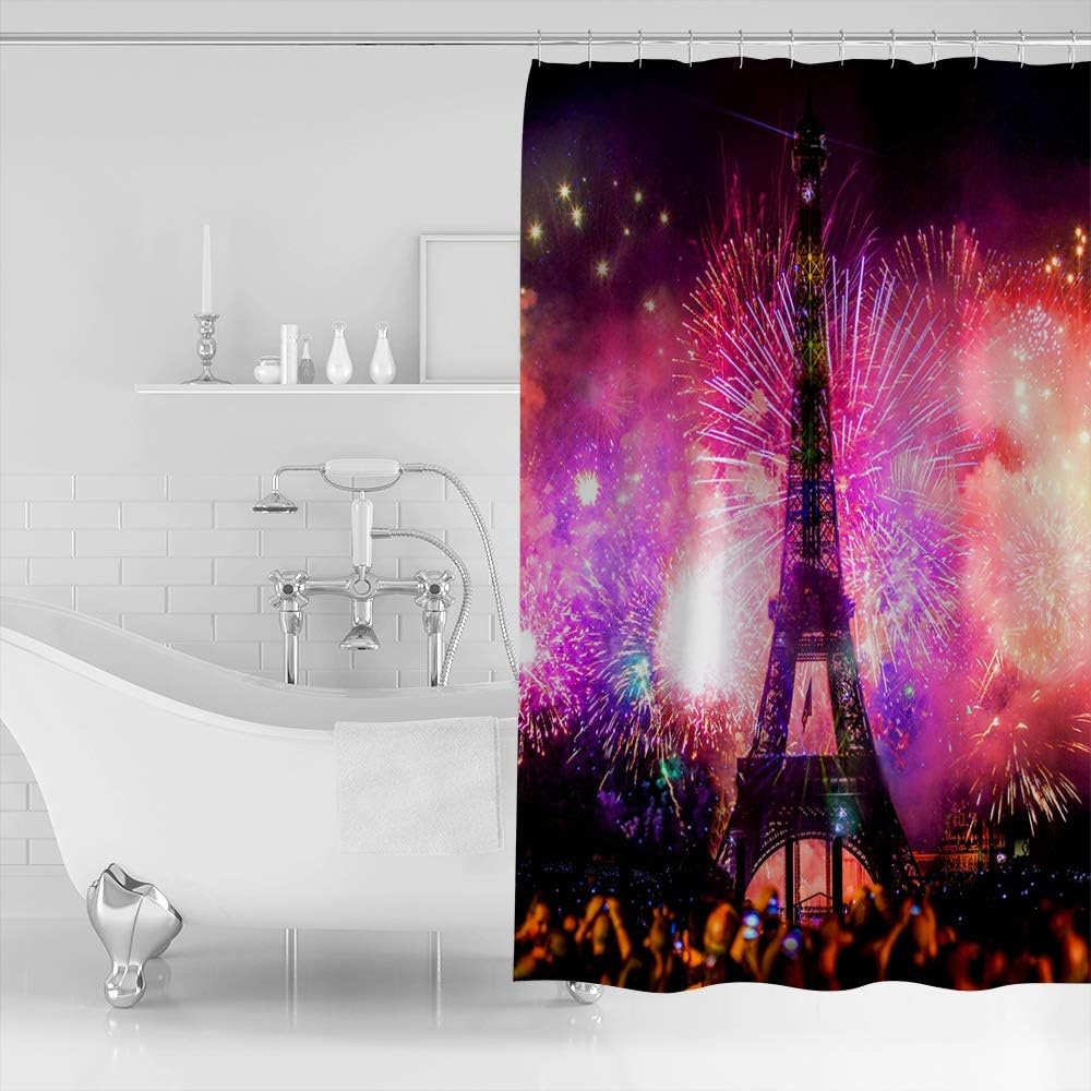 Eiffel Tower Year Fireworks Shower Curtain, Fabric Washable Bath Curtains Decor Gorgeous Bathrooms -