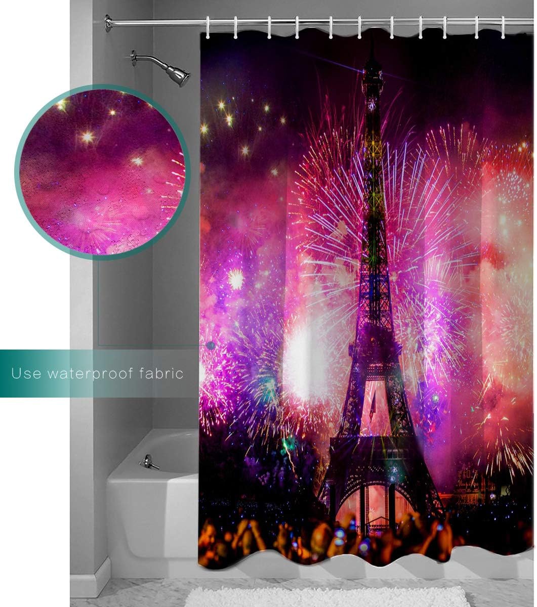 Eiffel Tower Year Fireworks Shower Curtain, Fabric Washable Bath Curtains Decor Gorgeous Bathrooms -