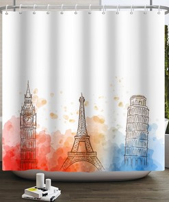 Eiffel Tower and Big Ben Red and White Tie-dye Background Remandacy Shower Curtain for Bathroom Decor