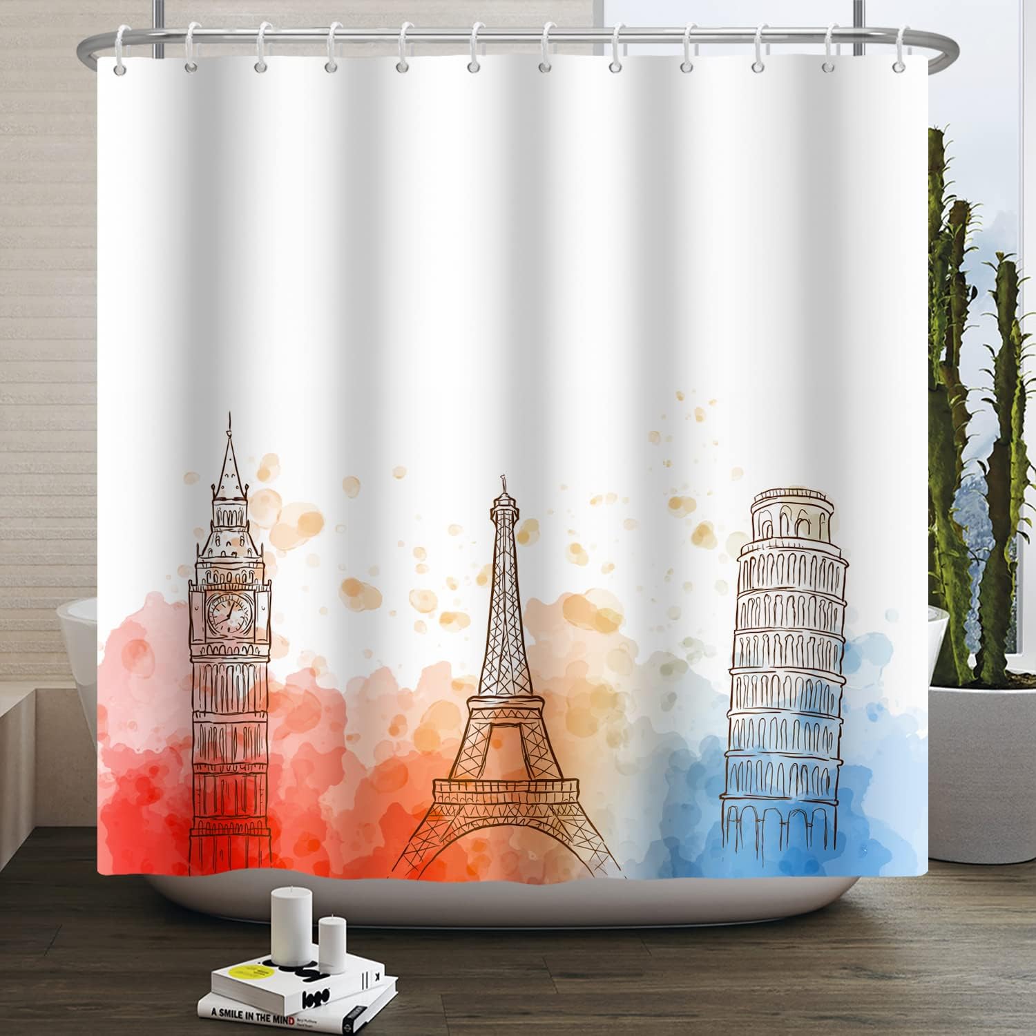 Eiffel Tower and Big Ben Red and White Tie-dye Background Remandacy Shower Curtain for Bathroom Decor