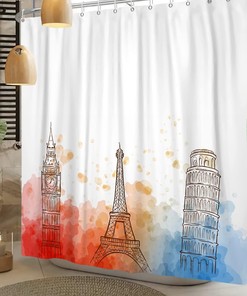 Eiffel Tower and Big Ben Red and White Tie-dye Background Remandacy Shower Curtain for Bathroom Decor