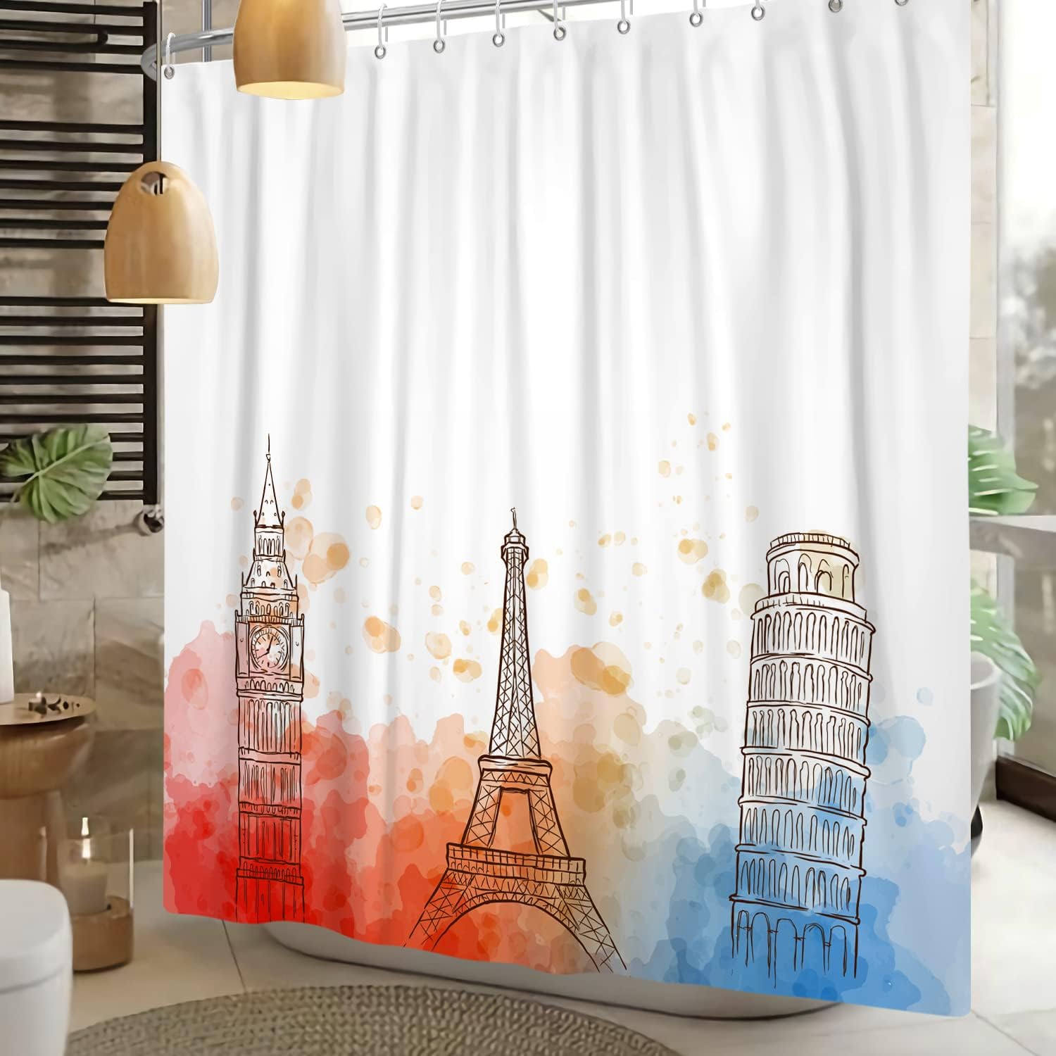 Eiffel Tower and Big Ben Red and White Tie-dye Background Remandacy Shower Curtain for Bathroom Decor