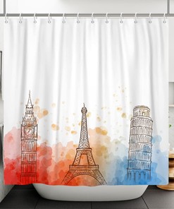 Eiffel Tower and Big Ben Red and White Tie-dye Background Remandacy Shower Curtain for Bathroom Decor