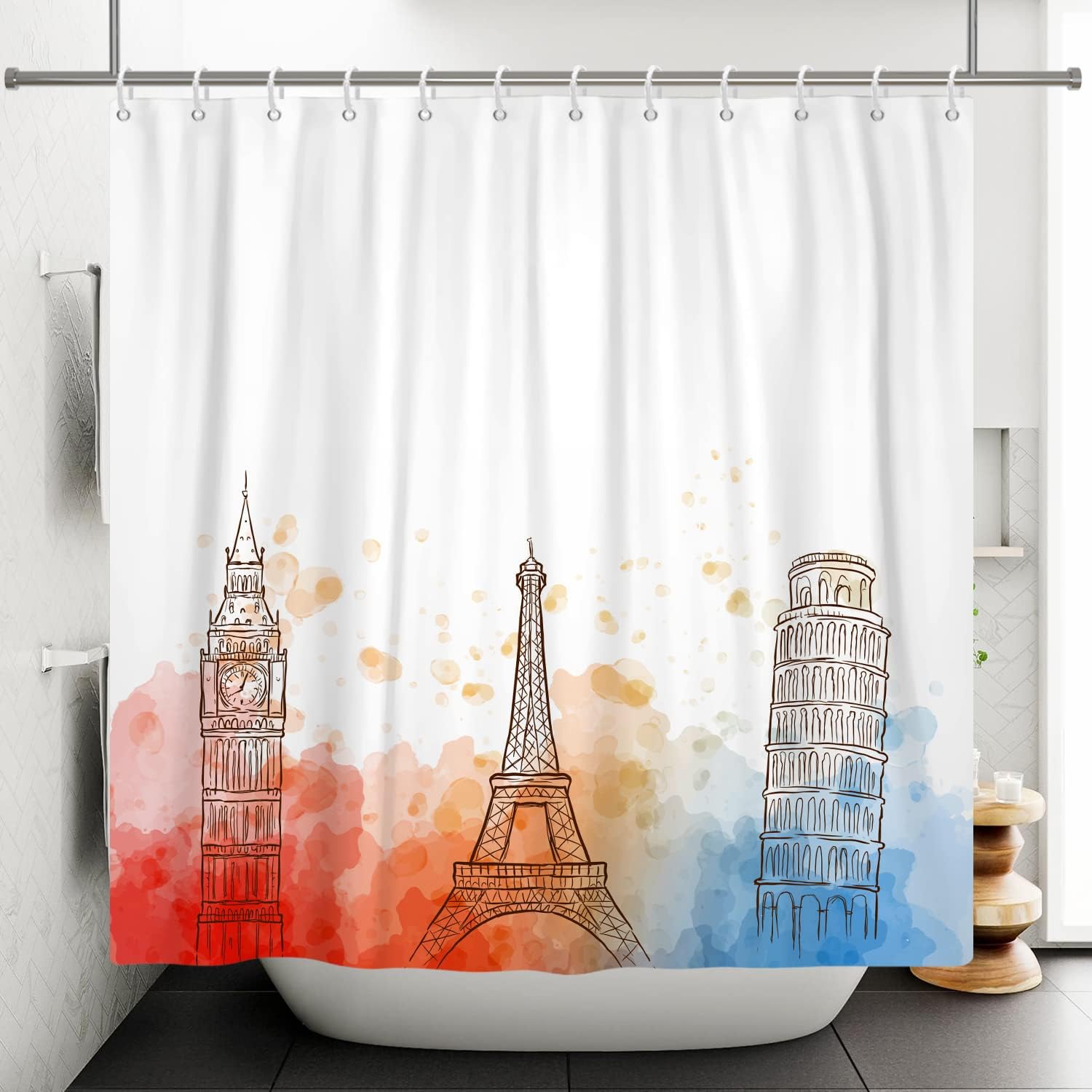 Eiffel Tower and Big Ben Red and White Tie-dye Background Remandacy Shower Curtain for Bathroom Decor