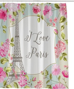 Eiffel Tower and Spring Flowers Bathroom Decor Shower Curtain, RASHU Waterproof Fabric Bath Curtain Set