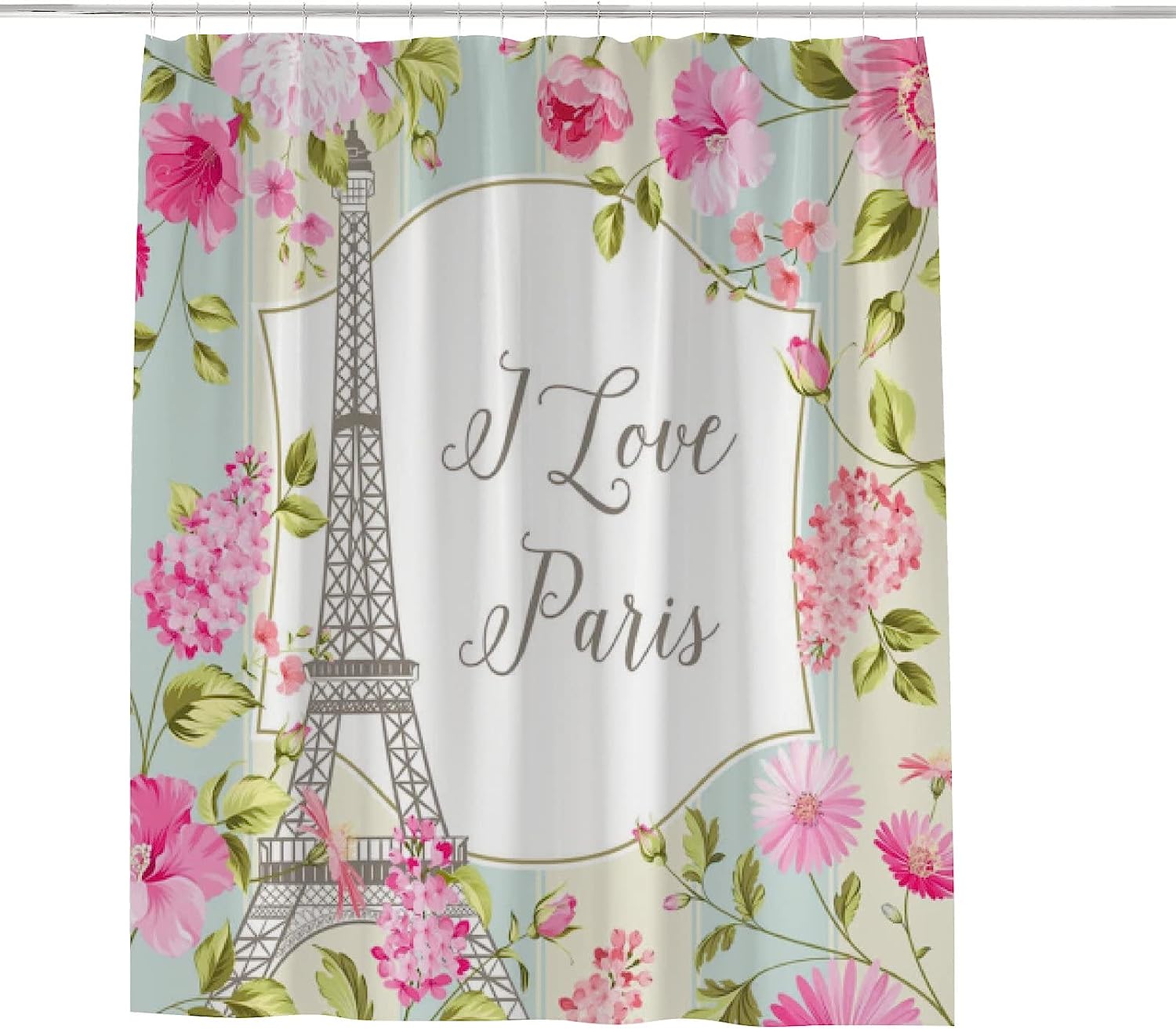 Eiffel Tower and Spring Flowers Bathroom Decor Shower Curtain, RASHU Waterproof Fabric Bath Curtain Set