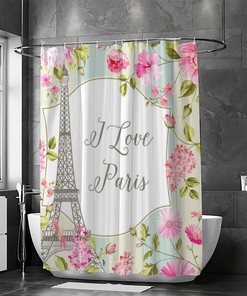 Eiffel Tower and Spring Flowers Bathroom Decor Shower Curtain, RASHU Waterproof Fabric Bath Curtain Set