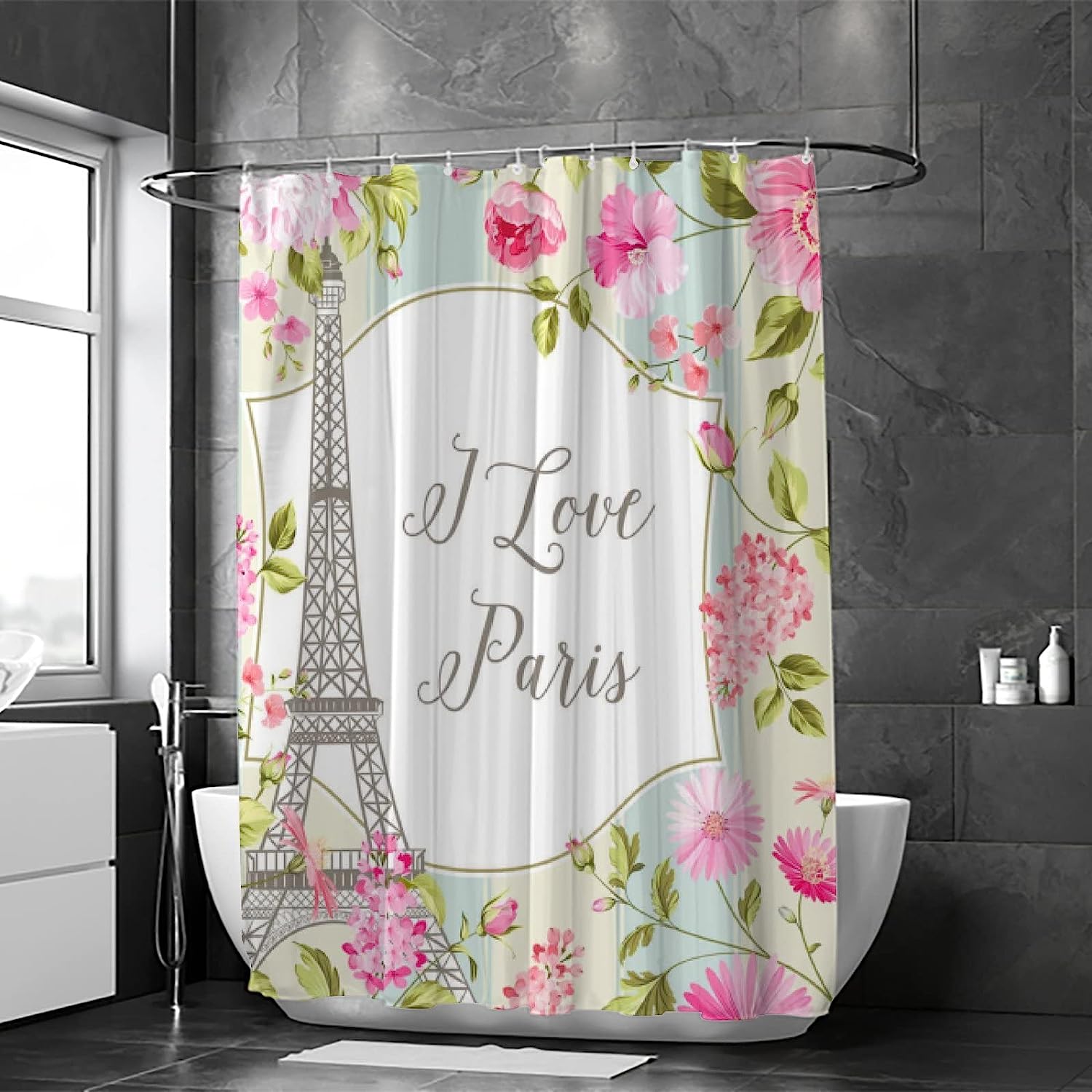 Eiffel Tower and Spring Flowers Bathroom Decor Shower Curtain, RASHU Waterproof Fabric Bath Curtain Set