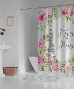 Eiffel Tower and Spring Flowers Bathroom Decor Shower Curtain, RASHU Waterproof Fabric Bath Curtain Set