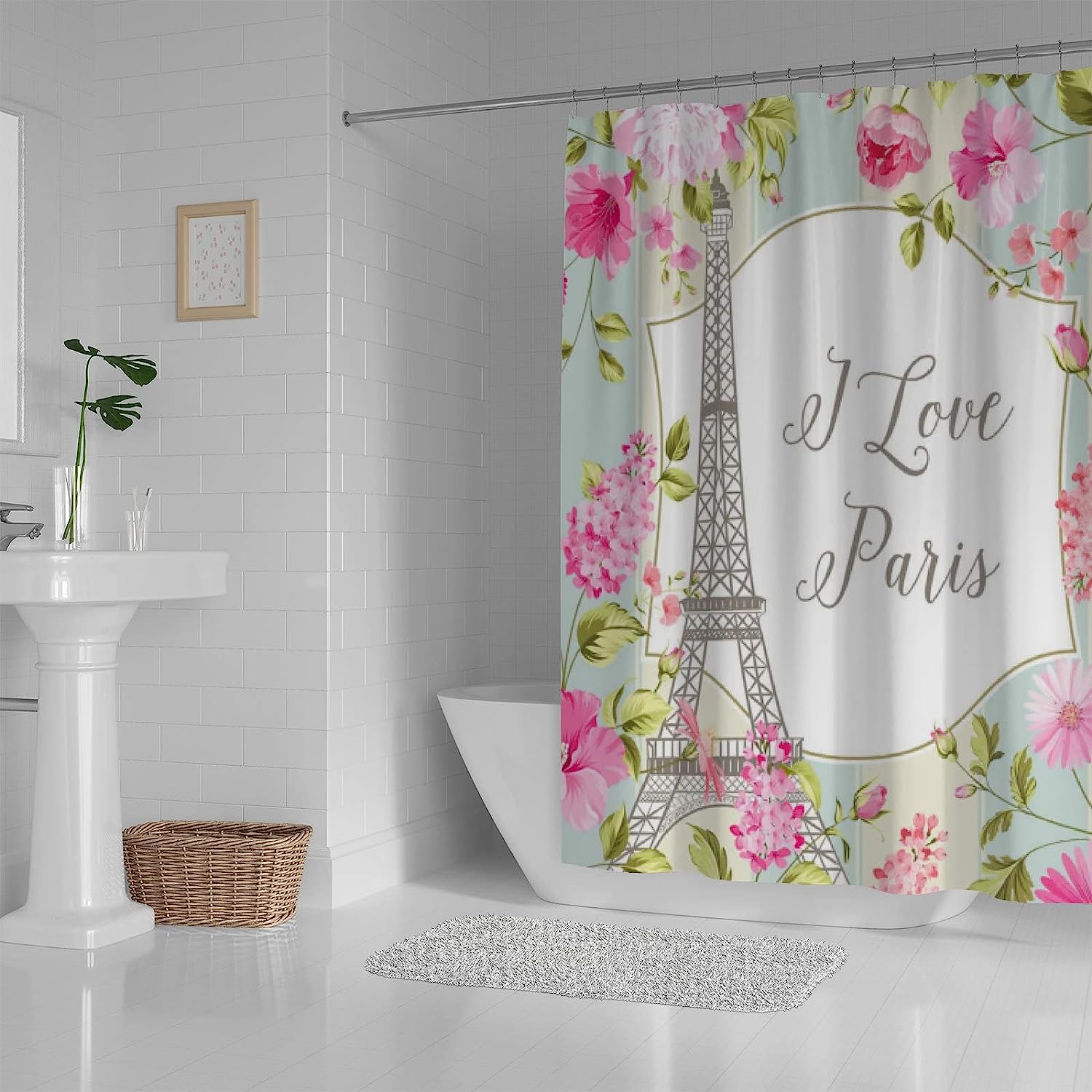 Eiffel Tower and Spring Flowers Bathroom Decor Shower Curtain, RASHU Waterproof Fabric Bath Curtain Set