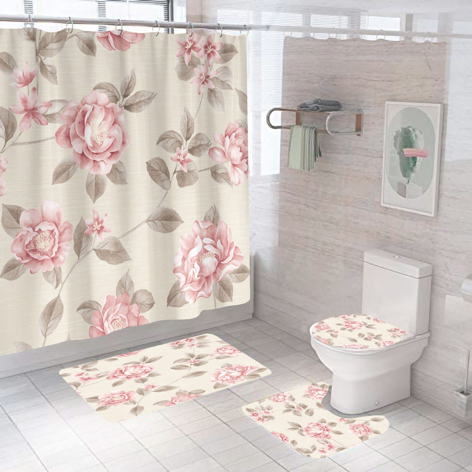 Elegant 3D Pink Rose Flowers Print Shower Curtain For Your Bathroom