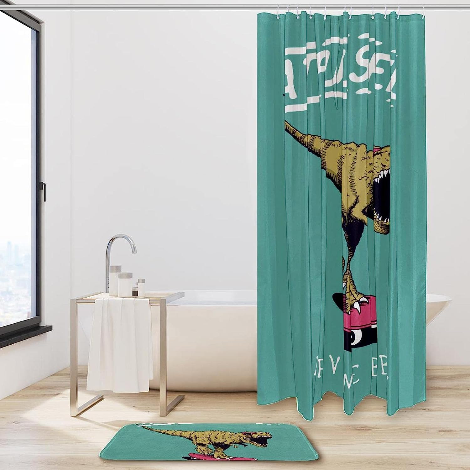Elegant And Sleek Green Dinosaur Shower Curtain With A Cool Design For A Modern Bathroom Look - Image 2