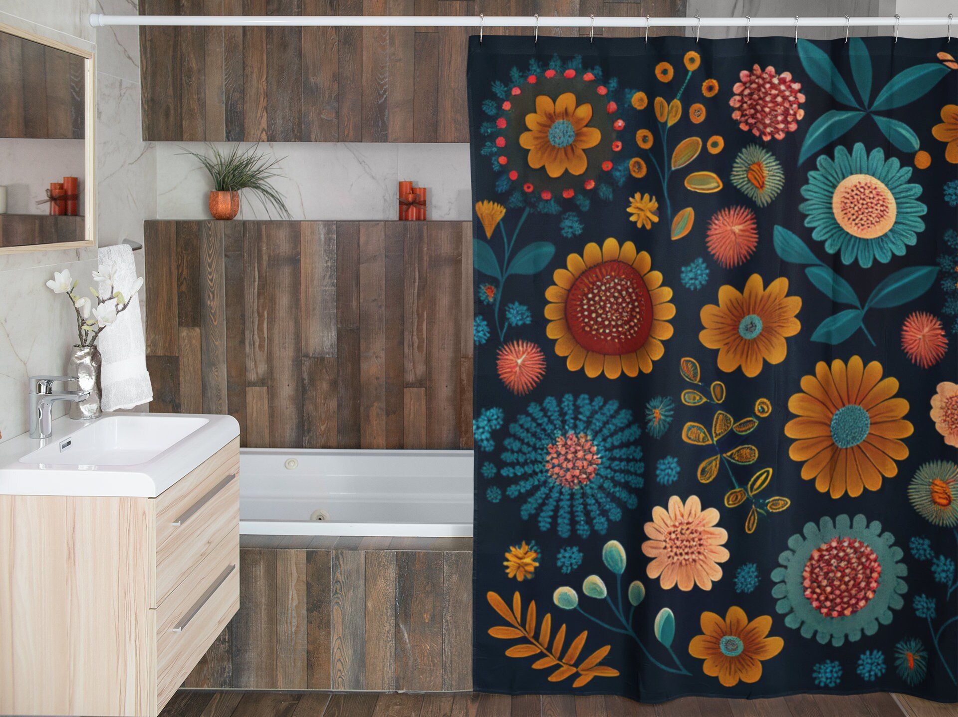 Elegant And Unique Floral Shower Curtain With Boho Style For Bathroom Decoration - Image 2