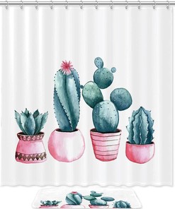 Elegant And Waterproof Shower Curtain With Cactus In Pink Pot - Perfect For Bathroom Decor