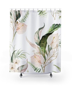 Elegant Anthurium Leaves Jungle Tropical Botanical Blush Pink Green Floral Shower Curtain For A Luxurious Bathroom