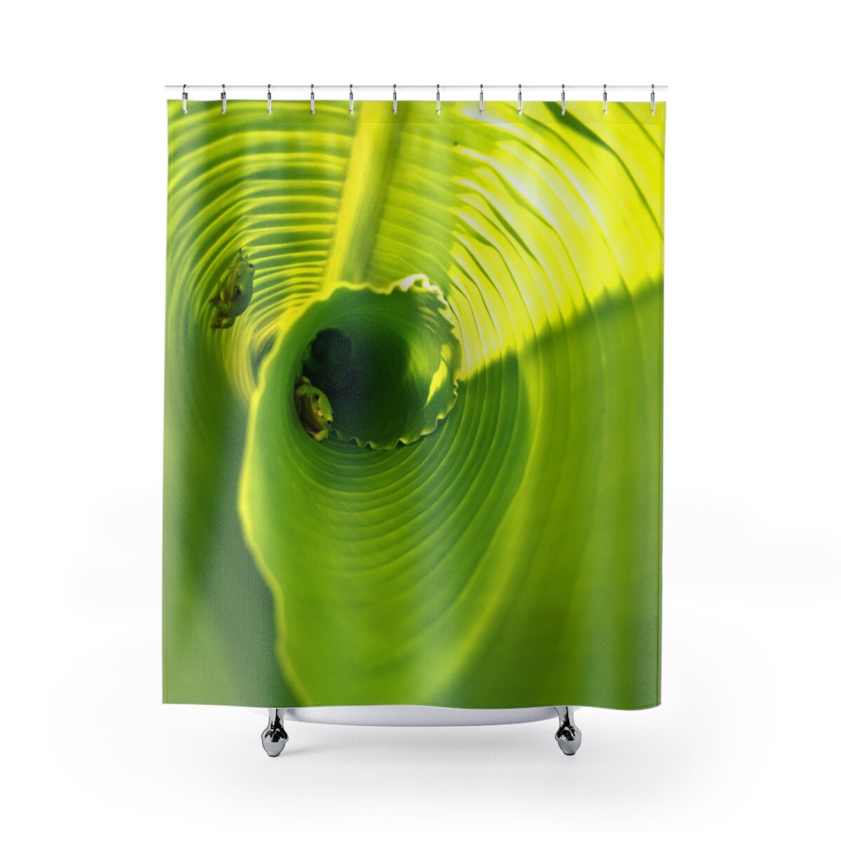 Elegant Banana Leaf Green Floral Shower Curtain with Tree Frog Art