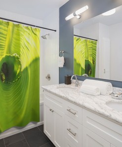 Elegant Banana Leaf Green Floral Shower Curtain with Tree Frog Art