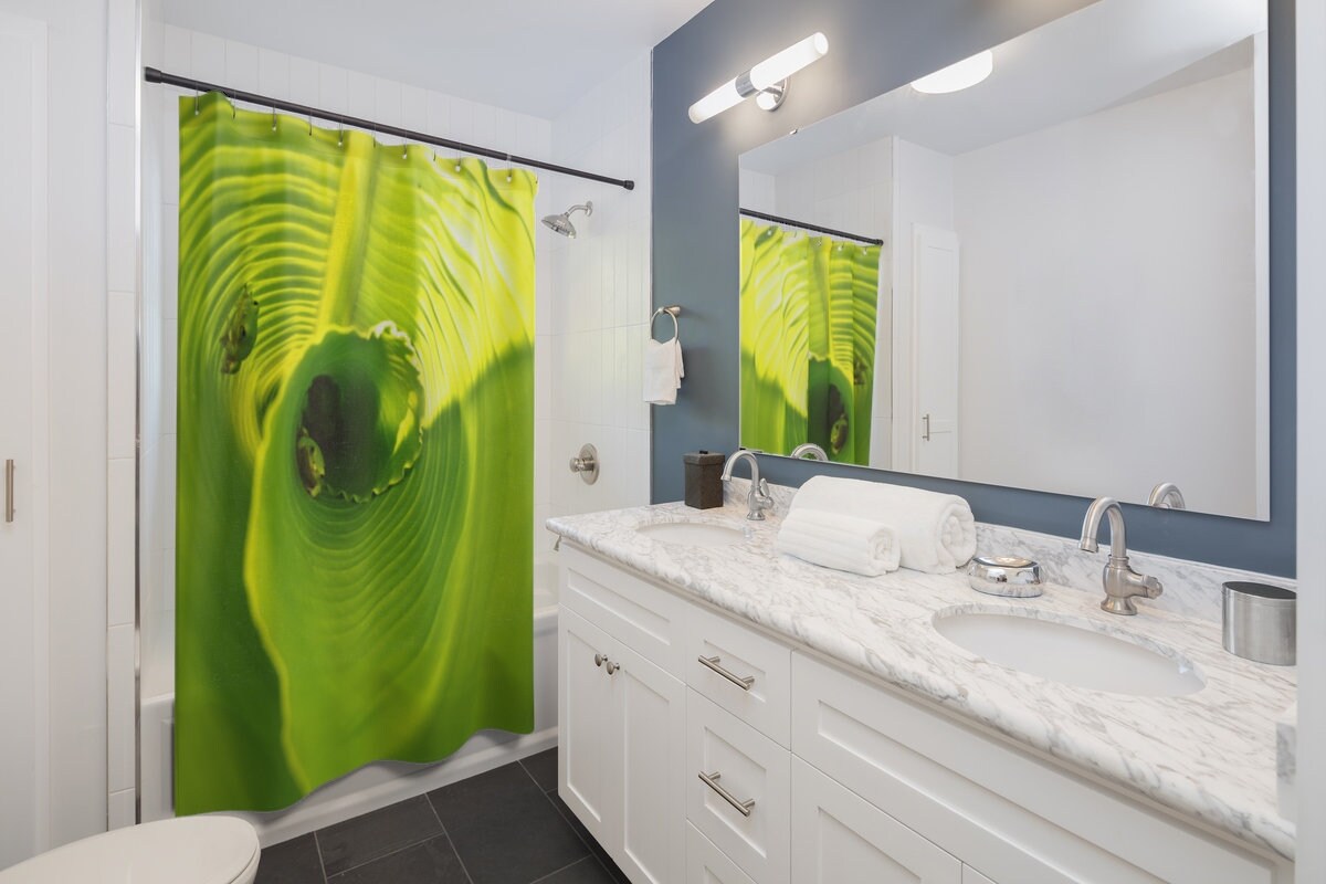 Elegant Banana Leaf Green Floral Shower Curtain with Tree Frog Art