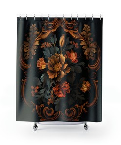 Elegant Baroque Floral Shower Curtain In Gold Tones On Black, Perfect For Traditional Bathroom Decor