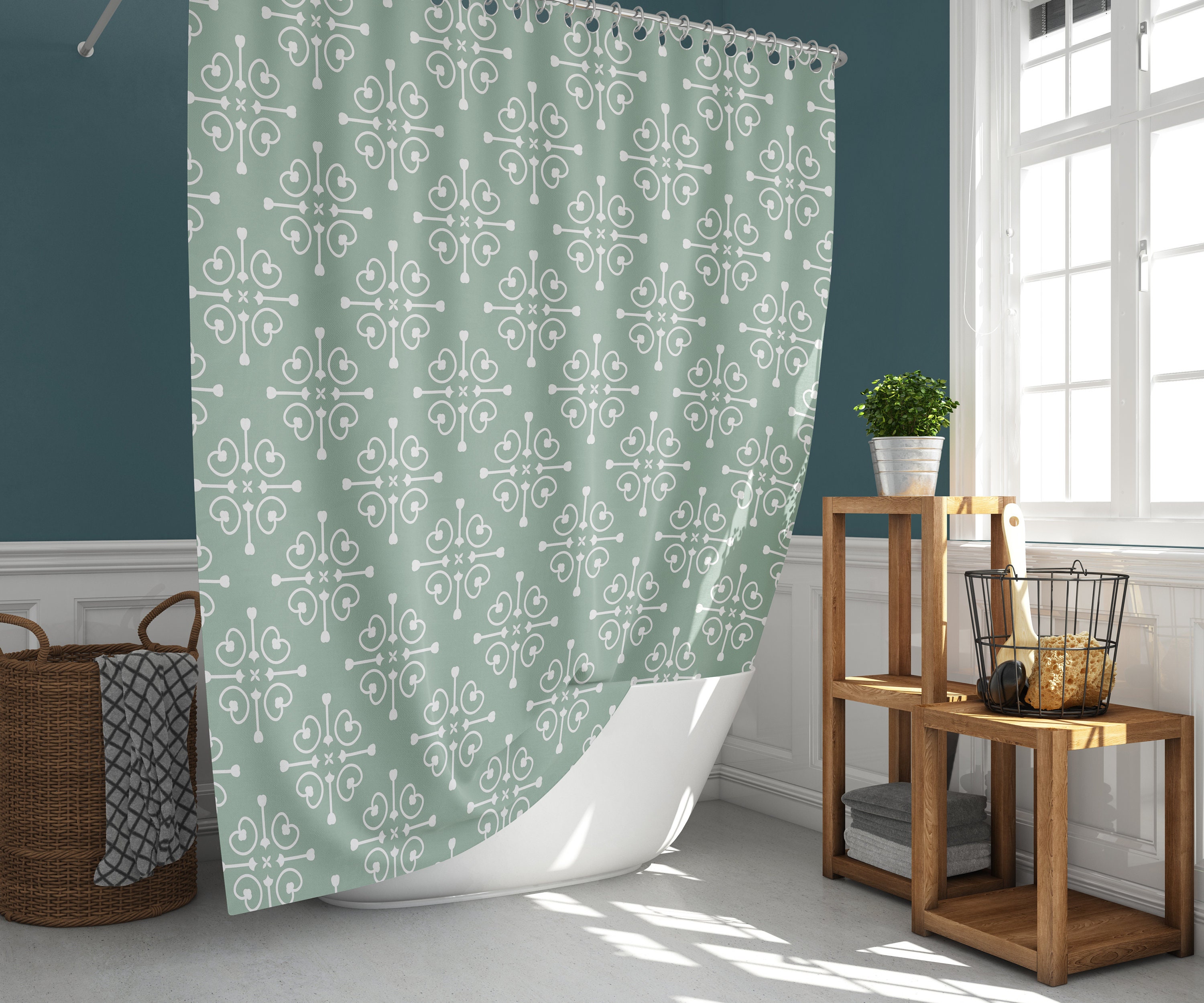 Elegant Baroque Shower Curtain With Contemporary Mint Green Geometry