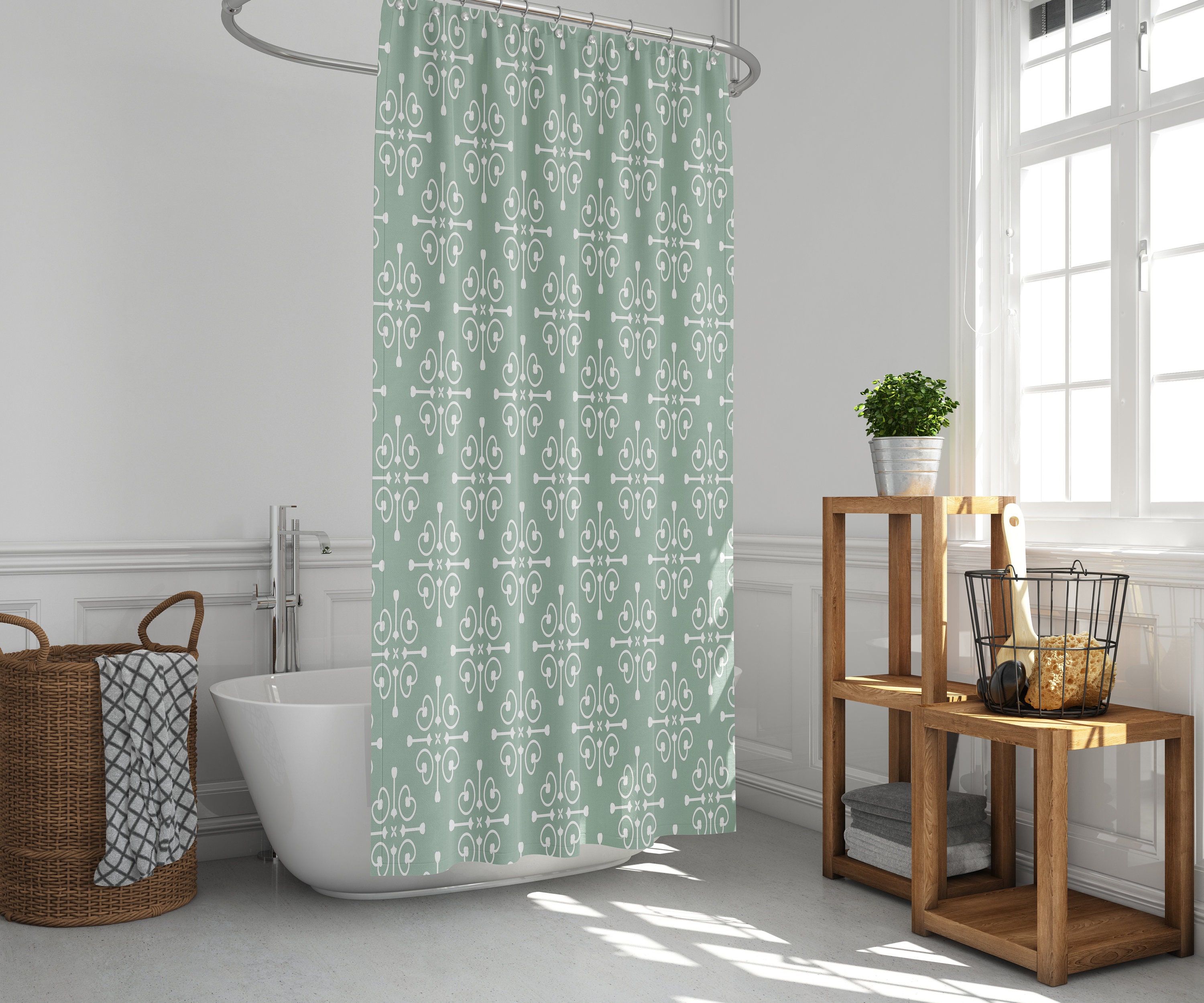 Elegant Baroque Shower Curtain With Contemporary Mint Green Geometry