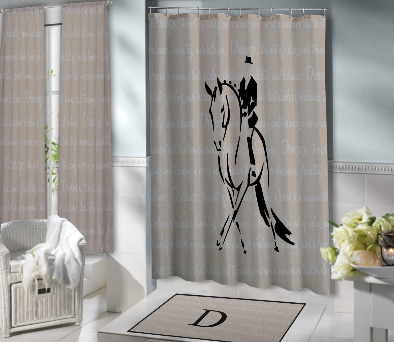 Elegant Beige And Gray Horse Shower Curtain For Classic Bathrooms
