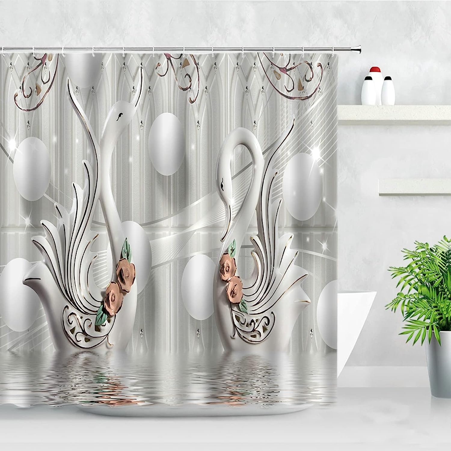 Elegant Birds and White Swan Shower Curtain - Romantic Bathroom Decor for Nature-Lovers