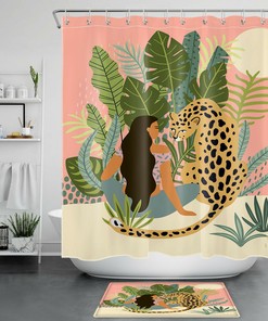 Elegant Black Girl with Wild Leopard Print Tropical Shower Curtain for Glam Bathrooms
