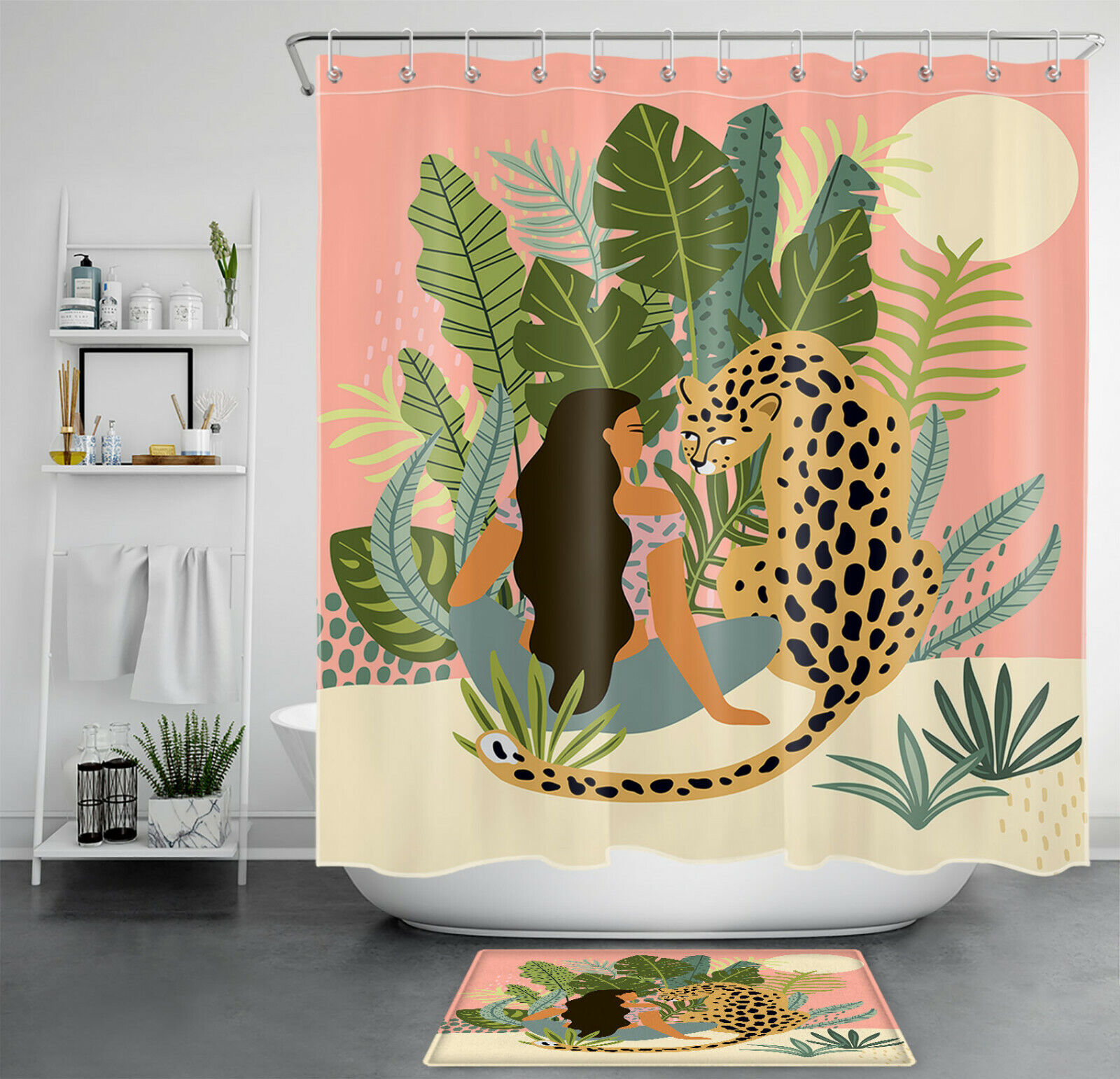 Elegant Black Girl with Wild Leopard Print Tropical Shower Curtain for Glam Bathrooms