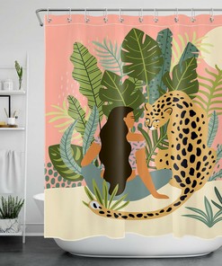 Elegant Black Girl with Wild Leopard Print Tropical Shower Curtain for Glam Bathrooms