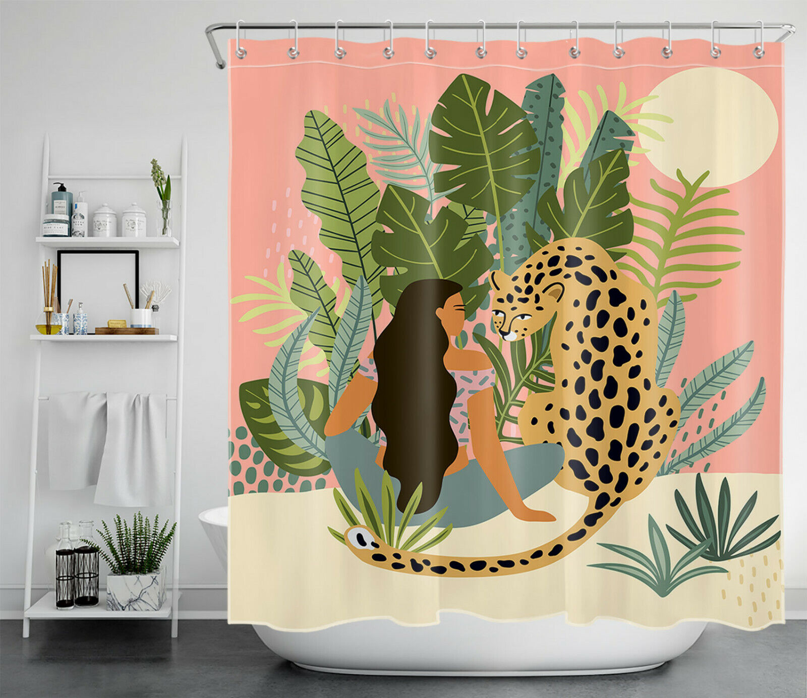 Elegant Black Girl with Wild Leopard Print Tropical Shower Curtain for Glam Bathrooms