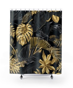 Elegant Black and Gold Tropical Designer Shower Curtain