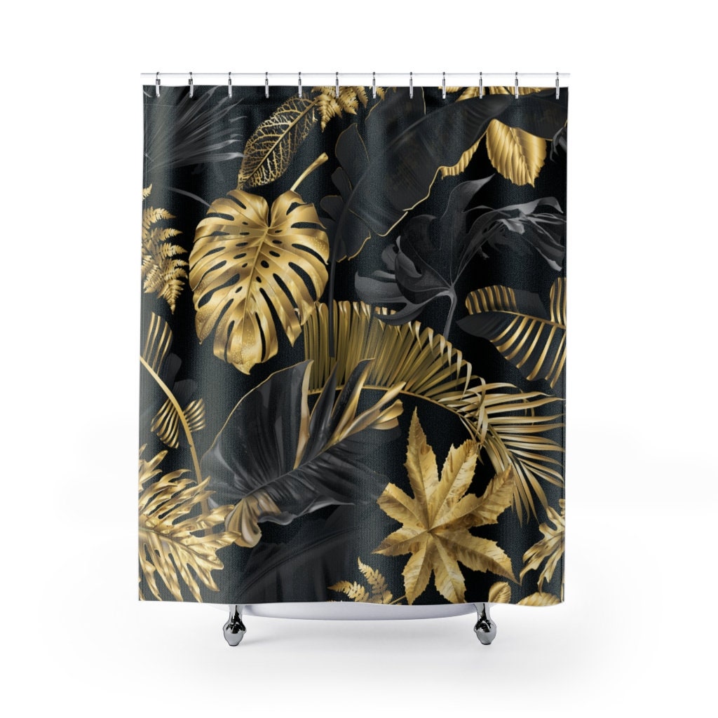 Elegant Black and Gold Tropical Designer Shower Curtain