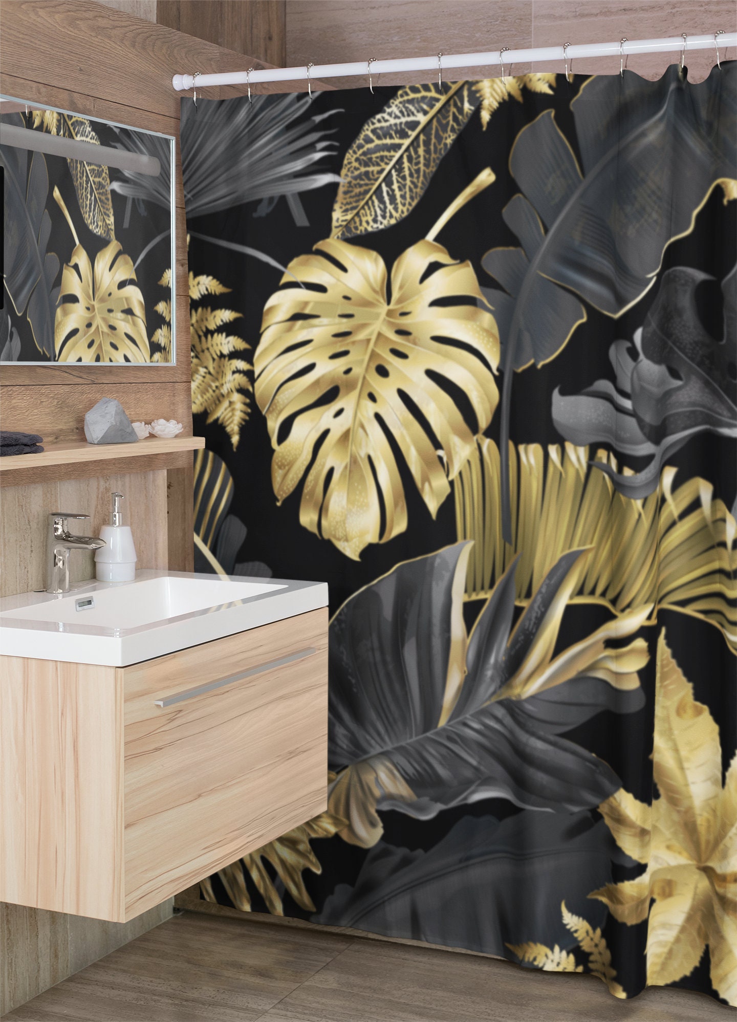 Elegant Black and Gold Tropical Designer Shower Curtain