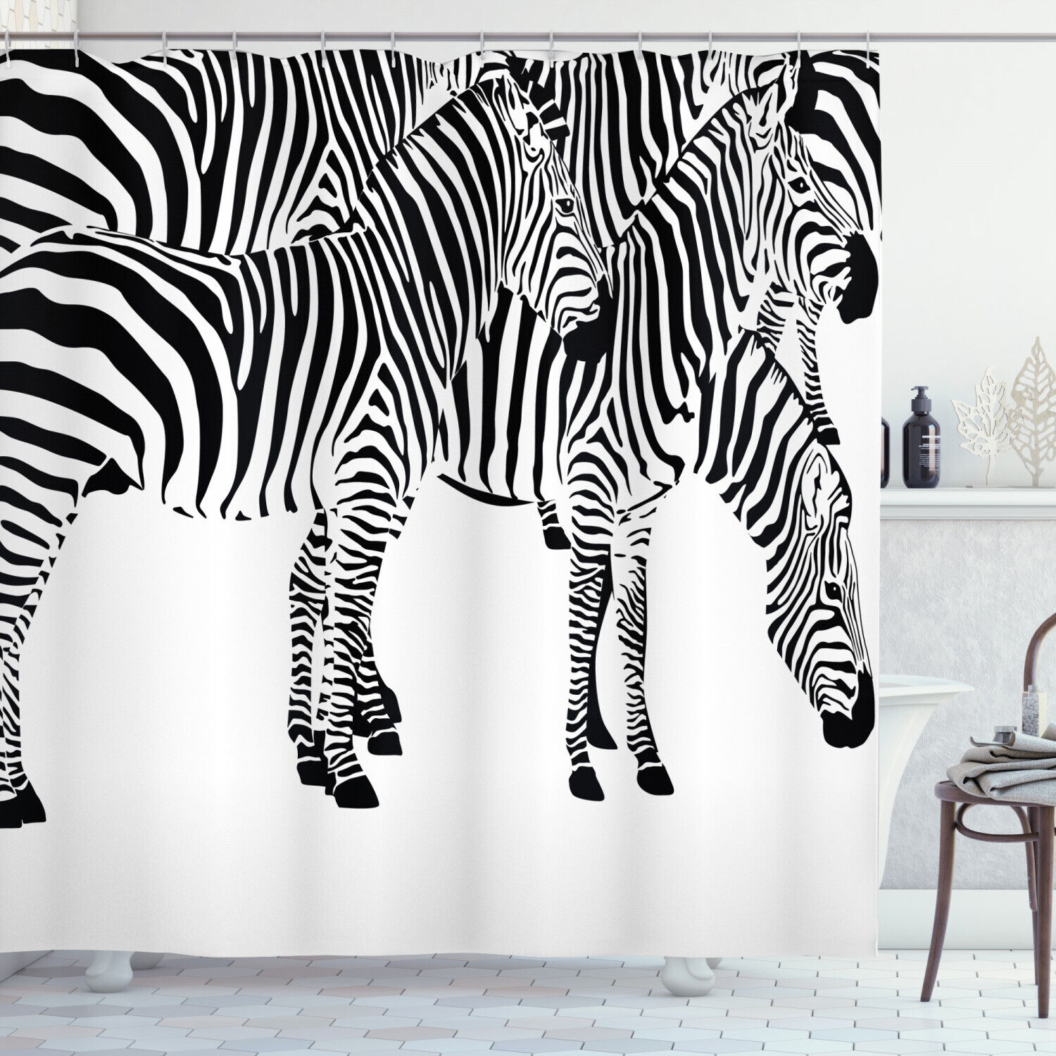 Elegant Black and White Zebra Print Shower Curtain with African Animal Design