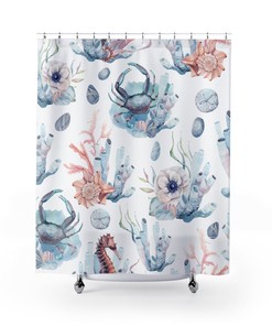 Elegant Blue Crabs And Sea Horse Coral Sea Fabric Shower Curtain, Perfect For Your Beach Home Bathroom Decor